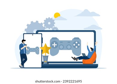 Play games with gadgets, gamers, video games, e-sports.  people playing online games on PC, people playing mobile games. Entertainment flat vector illustration