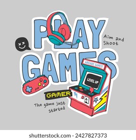 play games slogan with game machine and headphone hand drawn line art vector illustration