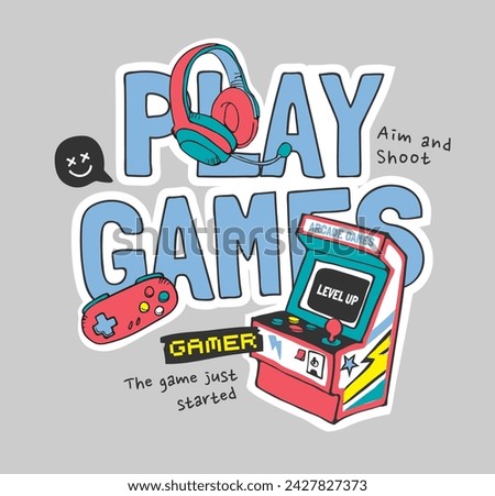 play games slogan with game machine and headphone hand drawn line art vector illustration