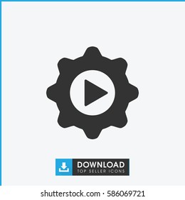 play in gear icon. Simple filled play in gear icon. On white background.