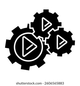 Play in Gears Icon representing media process automation, workflow optimization, and content settings.