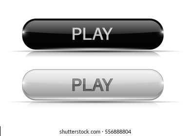 Play glass buttons. Black and white shiny 3d icons. Vector illustration isolated on white background.