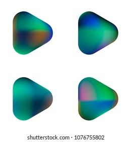 Play glossy vector gradient buttons. Play vector logo, social media sign. Ui, vector illustration, EPS 10. Gradient triangles with round corners. Realistic stylish play button on white background.
