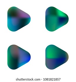 Play glossy vector gradient buttons. Play vector logo, social media sign. Ui, vector illustration, EPS 10. Gradient triangles with round corners. Realistic stylish play button on white background.