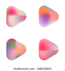 Play glossy vector gradient buttons. Play vector logo, social media sign. Ui, vector illustration, EPS 10. Gradient triangles with round corners. Realistic stylish play button on white background.