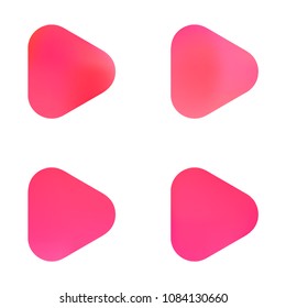 Play glossy vector gradient buttons. Play vector logo, social media sign. Ui, vector illustration, EPS 10. Gradient triangles with round corners. Realistic stylish play button on white background.