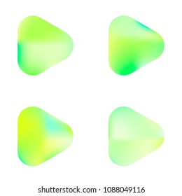 Play glossy vector gradient buttons. Play vector logo, social media sign. Ui, vector illustration, EPS 10. Gradient triangles with round corners. Realistic stylish play button on white background.