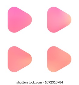 Play glossy vector gradient buttons. Play vector logo, social media sign. Ui, vector illustration, EPS 10. Gradient triangles with round corners. Realistic stylish play button on white background.