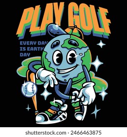 Play Golf Earth Cartoon with Retro Style Illustration