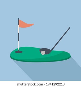 play golf game icon flat design graphic. sport club illustration simple symbol with red flag vector, stick & hole isolated. golfing outdoors on the grass in blue background for business & motivated