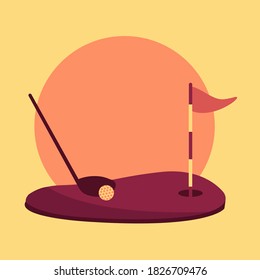 play golf game icon flat design graphic. sport club illustration simple symbol with red flag vector, stick & hole isolated. golfing outdoors on the grass in blue background for business & motivated