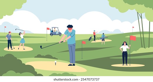 Spielen Sie Golf auf dem Platz. Golfer Charaktere mit Clubs auf dem Feld spielen. Sport Erholung, Spieler mit Freunden oder Trainer. Aktuelle Vektorgrafik des Wettbewerbs