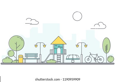 Play ground for children on garden park playground. Landscape of urban park. Thin line art style. vector illustration