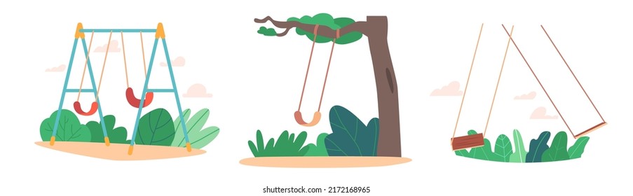 Play Ground With Swing on Green Lawn. Kids Kindergarten or House Yard Playground, Summer Park, Garden or Backyard With Empty Teeterboard on Summer Landscape. Cartoon Vector Illustration