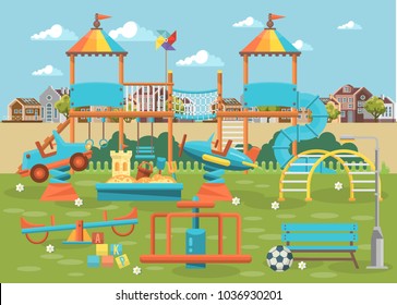  Play ground vector illustration in flat design. Preschool yard with toys