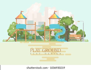  Play ground vector illustration in flat design. Preschool yard with toys