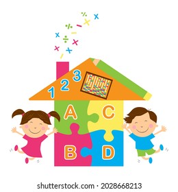 Play group, preschool, children education, kindergarten logo template. House and children rainbow