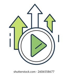 Play Growth Arrows Icon representing content progress, media growth strategy, and upward improvement.