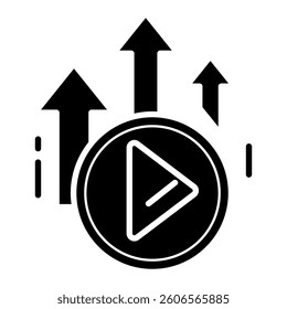 Play Growth Arrows Icon representing content progress, media growth strategy, and upward improvement.