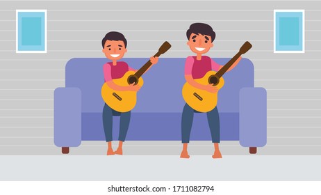 Play guitar Father Son Activities Perfect Family Bonding spend time together.children is essential to their growth and development and to the type of human.vector illustration in flat cartoon style