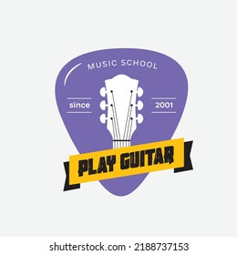 Play guitar music school logo. Guitar pick shape. Guitar headstock