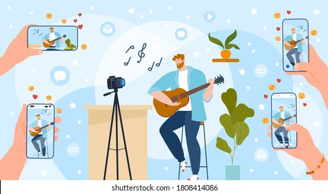 Reproducir ilustración vectorial en línea de guitarra. Viguero de caricaturista liso, guitarrista musical tocando guitarra en línea, usuarios de vlog de audiencia como usar aplicación de música para smartphones, fondo de música