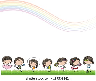 play Guitar, tennis, hula hoop, skipping rope, skateboarding, cheerleading, dancing, soccer girl music rainbow cartoon series border frame card circle frame