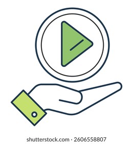 Play in Hand Icon representing starting media content with support action and user engagement.