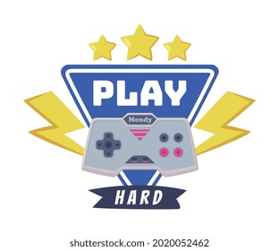 Play Hard Joysticks Gamepad with Slogan Text Print Cartoon Vector Illustration