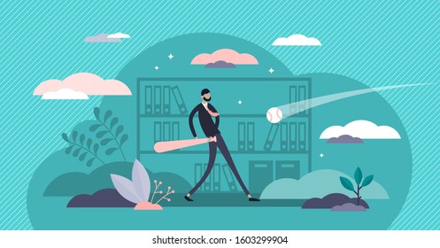 Play hardball vector illustration. Business strategy in tiny person concept. Allegory comparison with baseball game and company management approach. Drive to a harder bargain and negotiate forcefully.