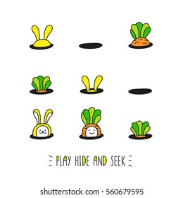 Play hide and seek. Bunny rabbits and baby carrots are playing in the garden. Cute hand drawn card with funny characters. Cartoon style vector illustration perfect for kids design.
