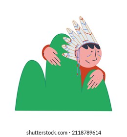 Play hide and seek with friends. Children's costume party. A boy in a bandage of bird feathers on his head peeks out from behind a bush. Flat vector illustration.