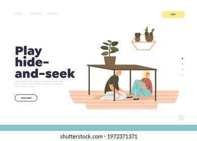Play hide-and-seek concept of landing page with little kids hiding under table while playing hide and seek game at home. Indoor games, leisure activity and childhood. Cartoon flat vector illustration