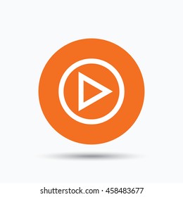 Play icon. Audio or Video player symbol. Orange circle button with flat web icon. Vector