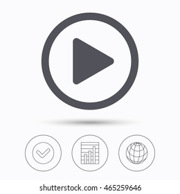 Play icon. Audio or Video player symbol. Check tick, graph chart and internet globe. Linear icons on white background. Vector