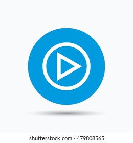 Play icon. Audio or Video player symbol. Blue circle button with flat web icon. Vector