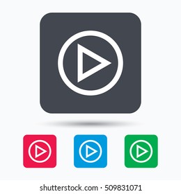 Play icon. Audio or Video player symbol. Colored square buttons with flat web icon. Vector