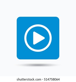 Play icon. Audio or Video player symbol. Blue square button with flat web icon. Vector