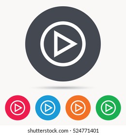 Play icon. Audio or Video player symbol. Colored circle buttons with flat web icon. Vector