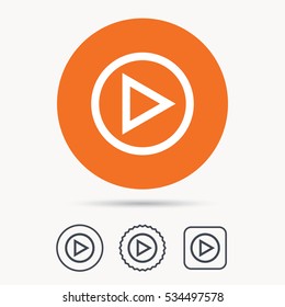 Play icon. Audio or Video player symbol. Orange circle button with web icon. Star and square design. Vector