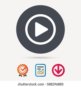 Play icon. Audio or Video player symbol. Report document, award medal with tick and new tag signs. Colored flat web icons. Vector