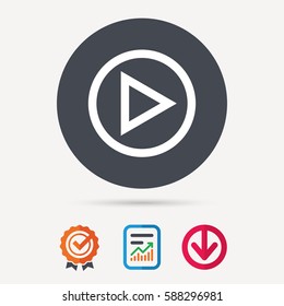 Play icon. Audio or Video player symbol. Report document, award medal with tick and new tag signs. Colored flat web icons. Vector