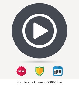 Play icon. Audio or Video player symbol. Calendar, shield protection and new tag signs. Colored flat web icons. Vector