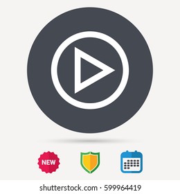 Play icon. Audio or Video player symbol. Calendar, shield protection and new tag signs. Colored flat web icons. Vector
