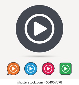 Play icon. Audio or Video player symbol. Circle, speech bubble and star buttons. Flat web icons. Vector