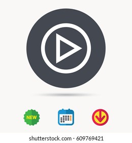 Play icon. Audio or Video player symbol. Calendar, download arrow and new tag signs. Colored flat web icons. Vector
