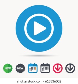 Play icon. Audio or Video player symbol. Calendar, download arrow and new tag signs. Colored flat web icons. Vector