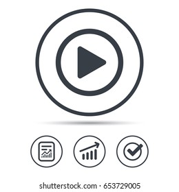 Play icon. Audio or Video player symbol. Report document, Graph chart and Check signs. Circle web buttons. Vector