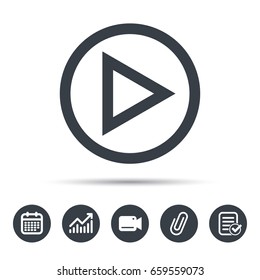 Play icon. Audio or Video player symbol. Calendar, chart and checklist signs. Video camera and attach clip web icons. Vector