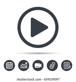 Play icon. Audio or Video player symbol. Calendar, chart and checklist signs. Video camera and attach clip web icons. Vector